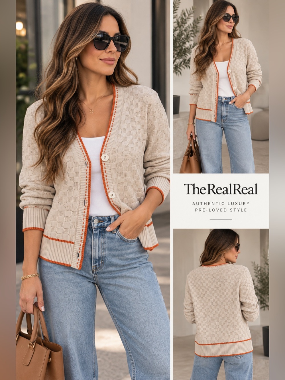 RHONE Beige Knit Cardigan with Orange Trim